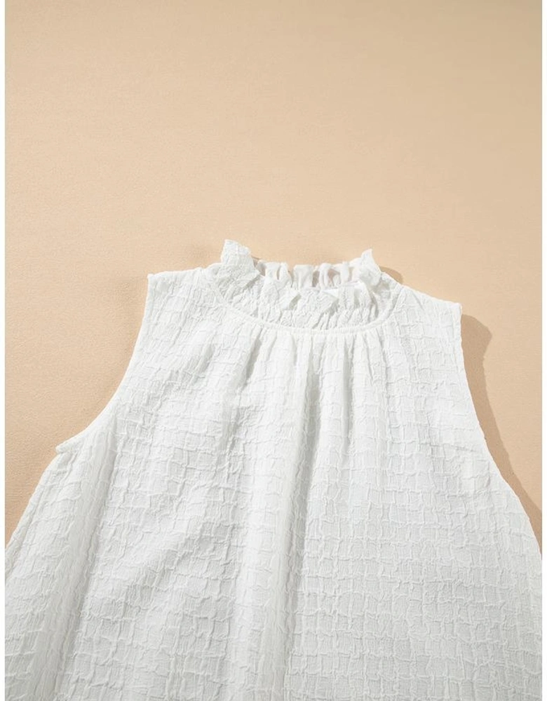 White Textured Frilled High Neck Sleeveless Ruffled Mini Dress