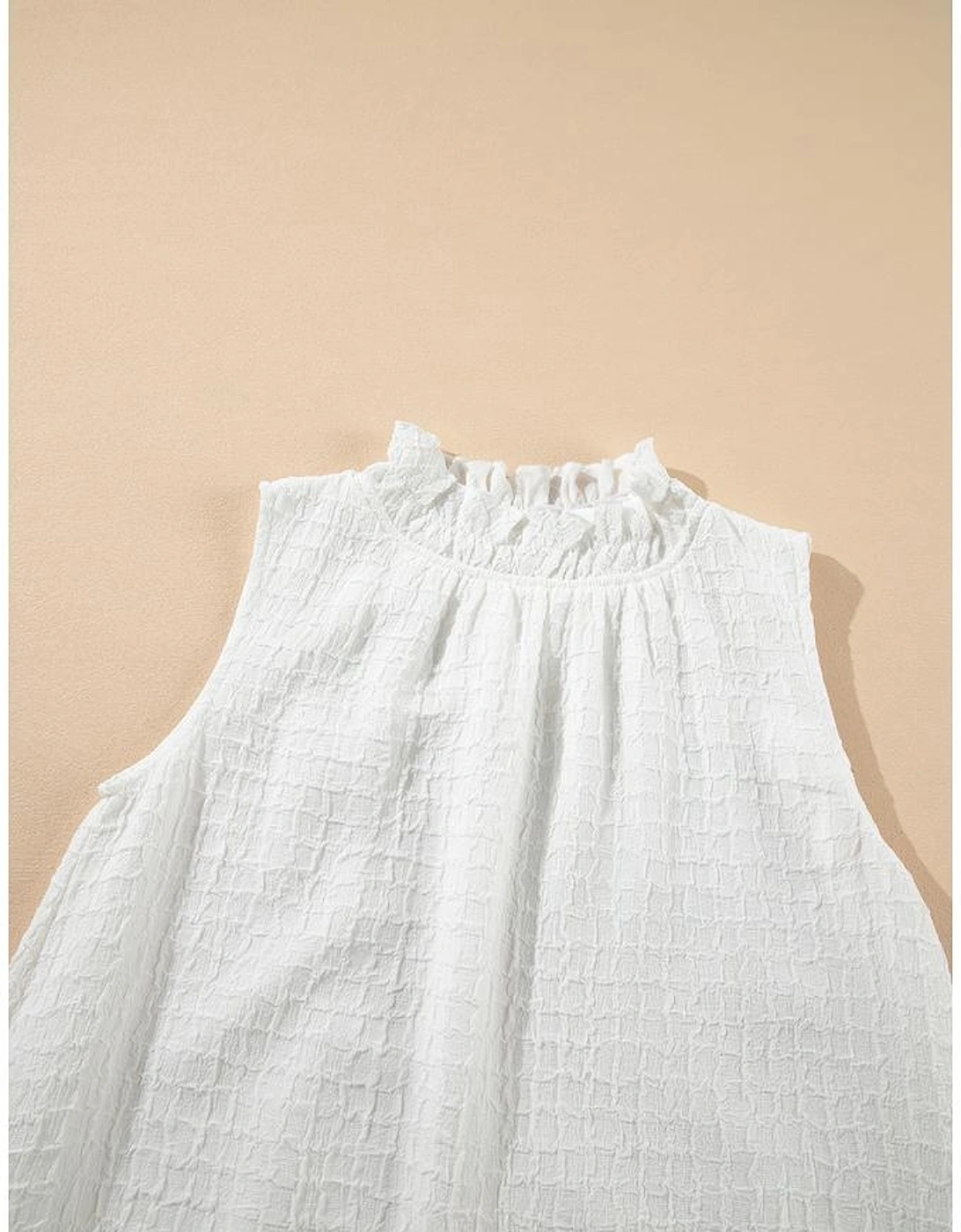 White Textured Frilled High Neck Sleeveless Ruffled Mini Dress