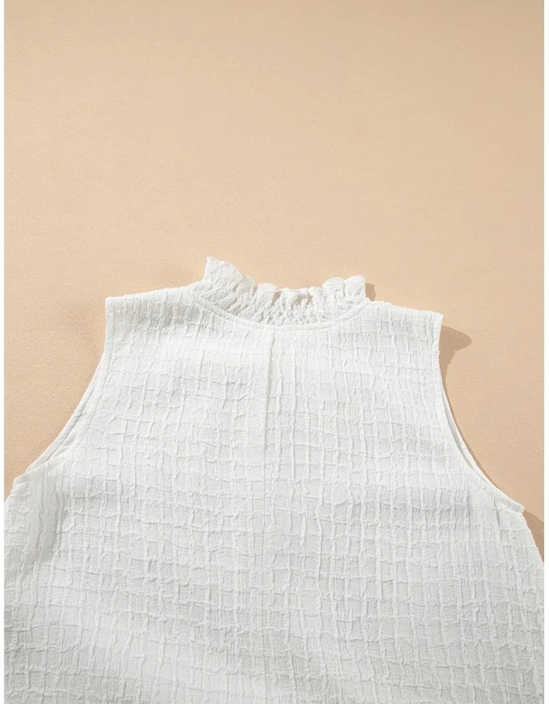 White Textured Frilled High Neck Sleeveless Ruffled Mini Dress