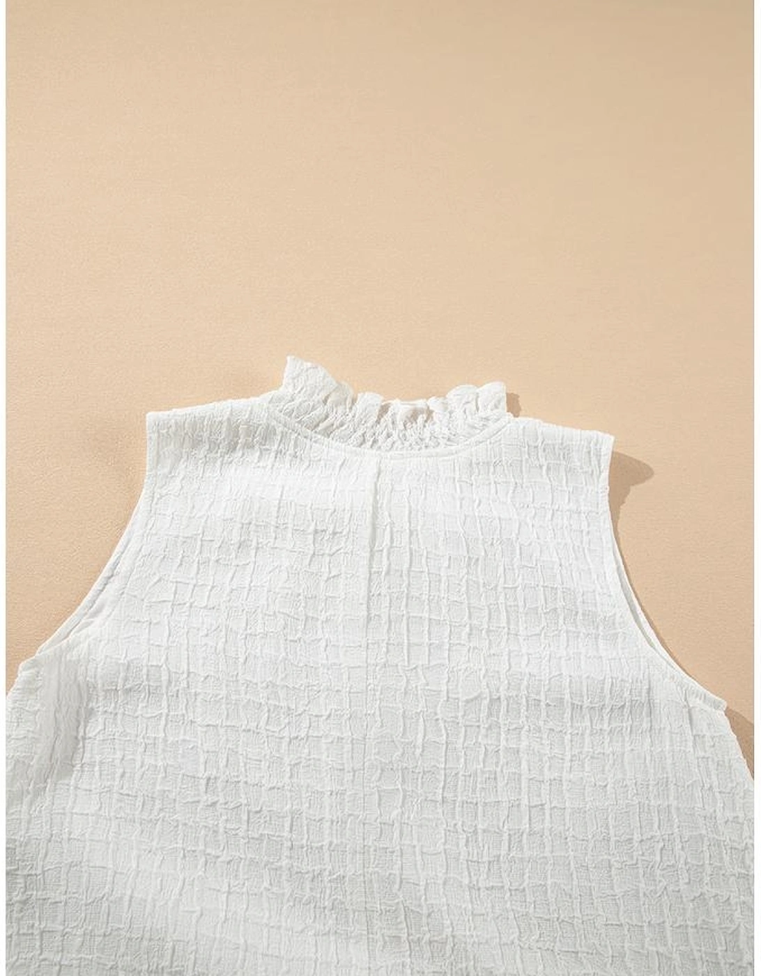White Textured Frilled High Neck Sleeveless Ruffled Mini Dress