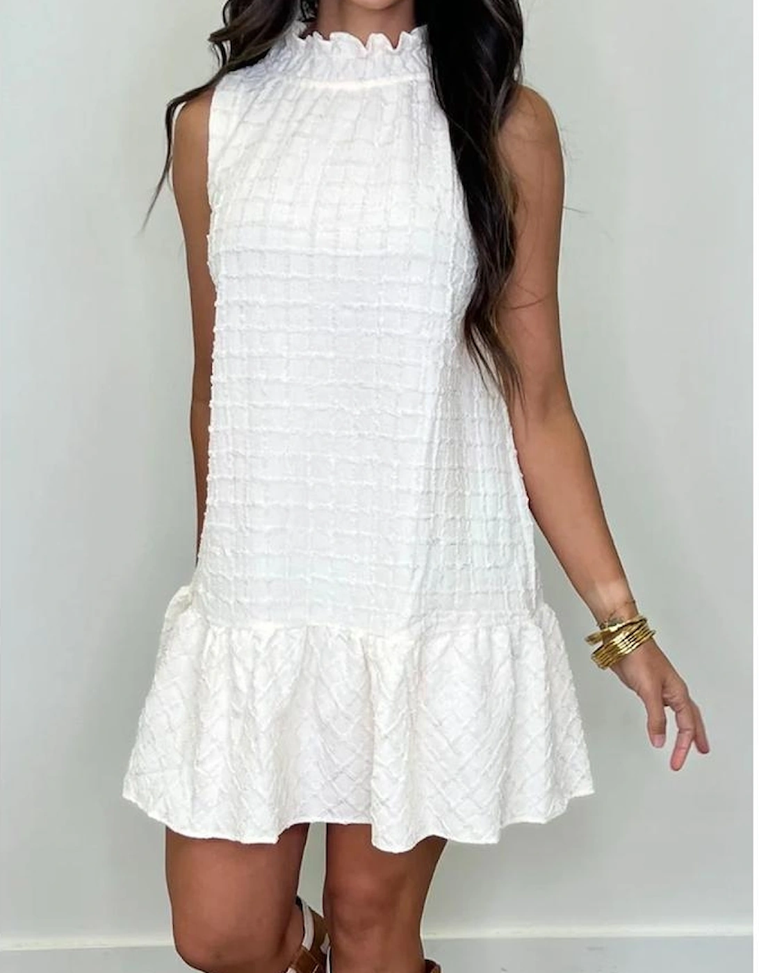 White Textured Frilled High Neck Sleeveless Ruffled Mini Dress, 12 of 11