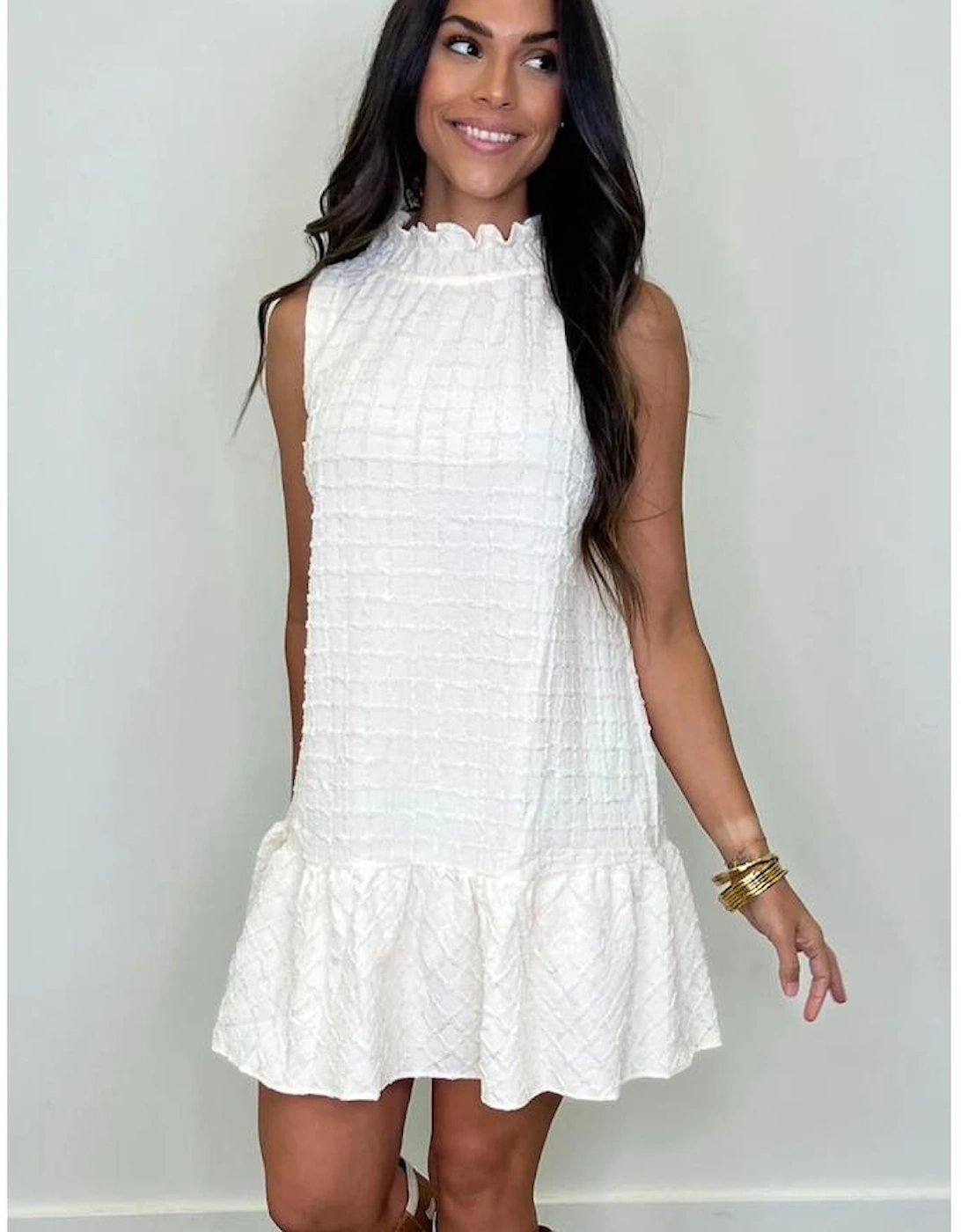 White Textured Frilled High Neck Sleeveless Ruffled Mini Dress