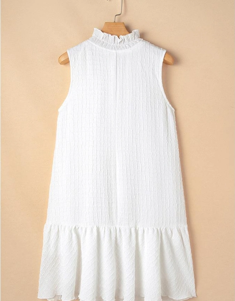 White Textured Frilled High Neck Sleeveless Ruffled Mini Dress