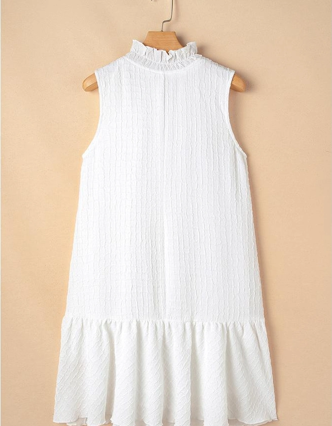 White Textured Frilled High Neck Sleeveless Ruffled Mini Dress