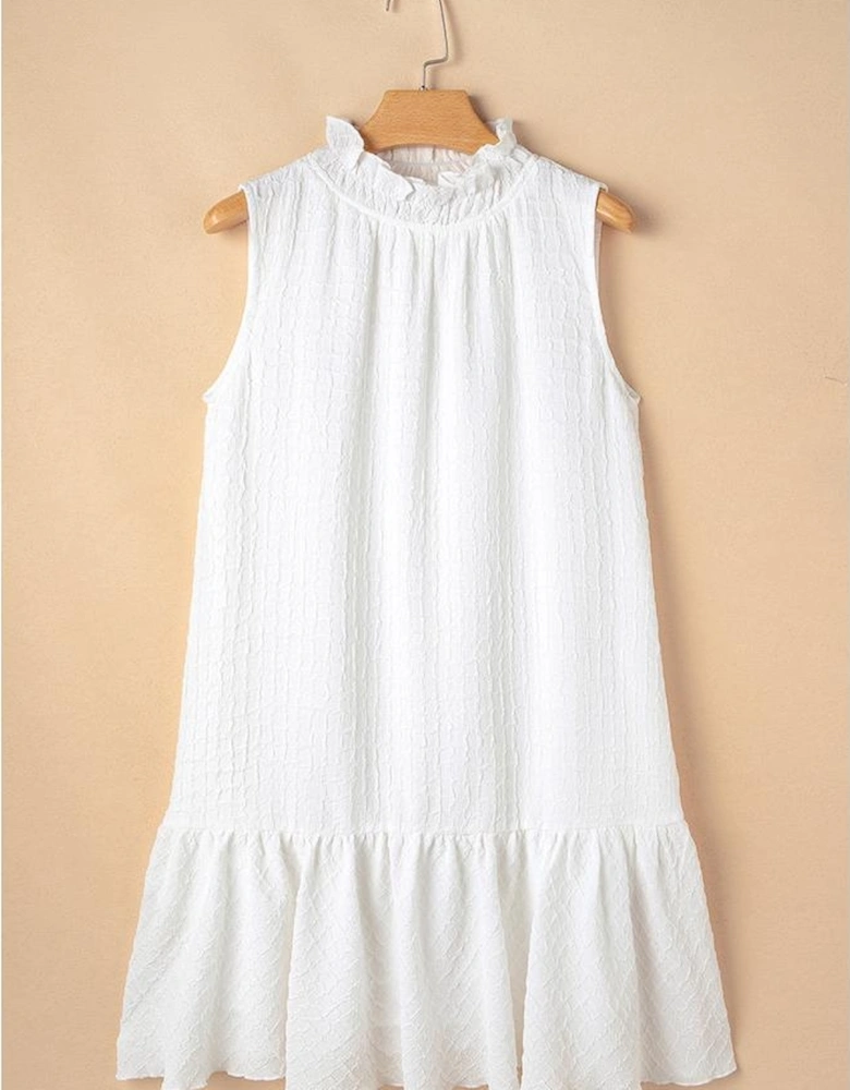 White Textured Frilled High Neck Sleeveless Ruffled Mini Dress