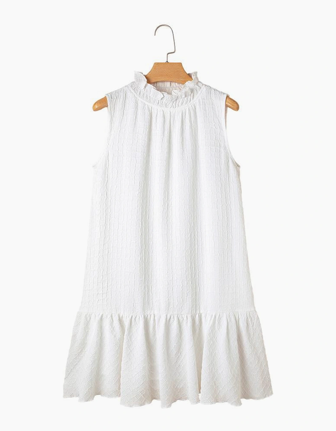 White Textured Frilled High Neck Sleeveless Ruffled Mini Dress