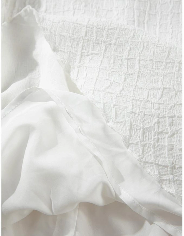 White Textured Frilled High Neck Sleeveless Ruffled Mini Dress