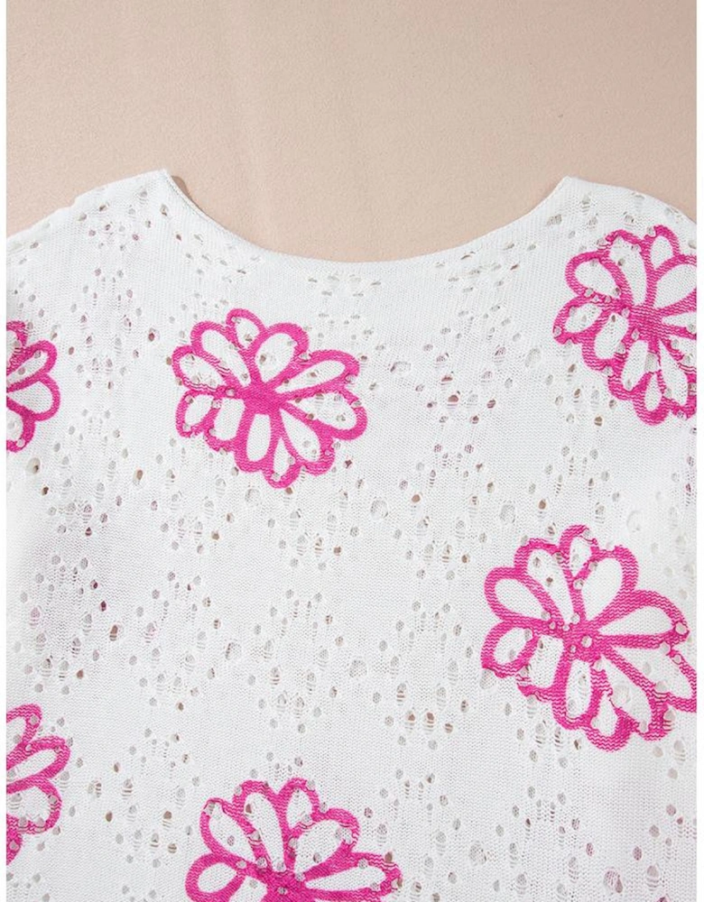 White Contrast Flower Print Eyelet Drop Shoulder Sweater