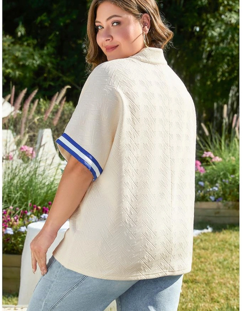 White Varsity Half Zip Textured Plus Size Top