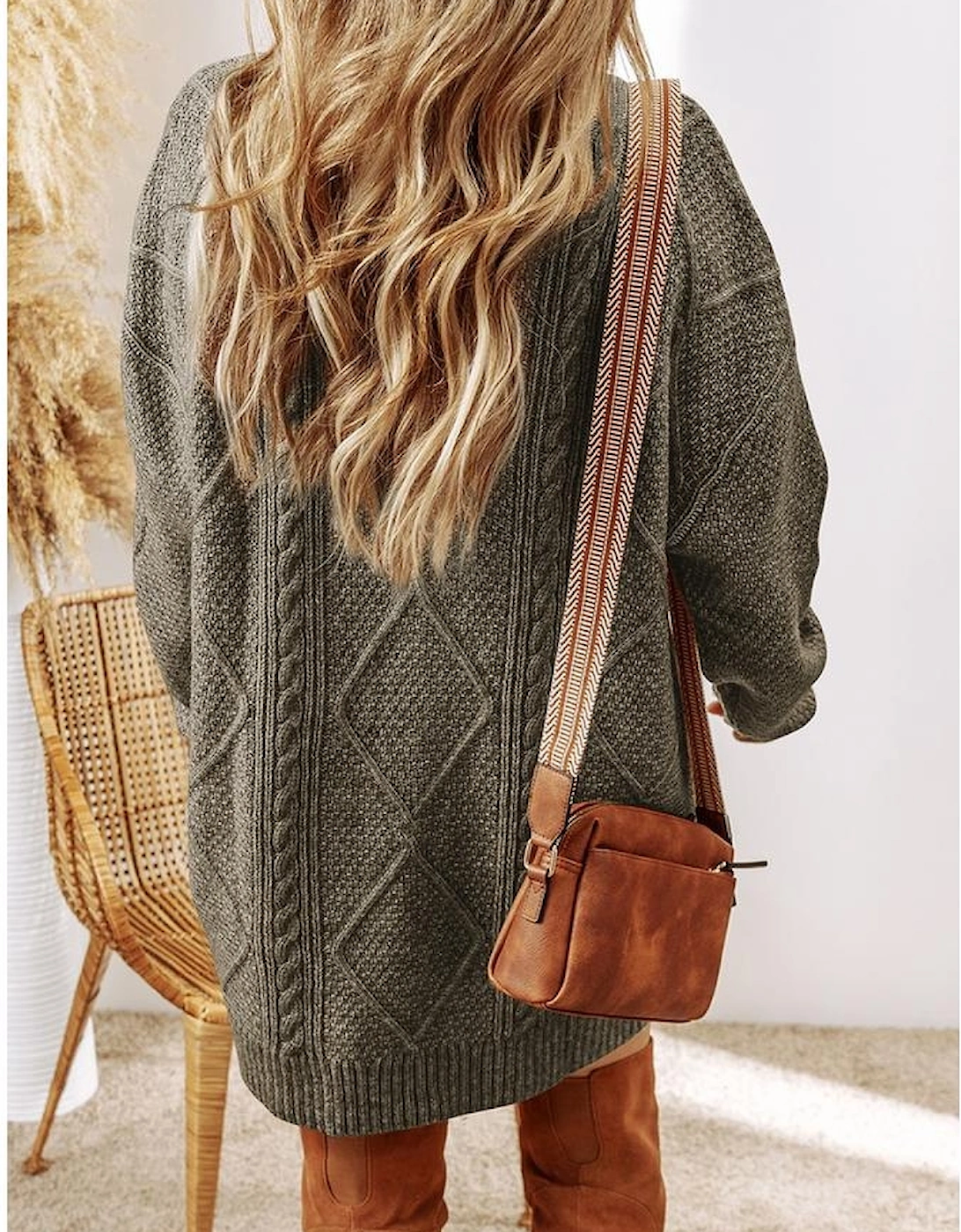 Mist Green Cable Knit Drop Shoulder Loose Fit Sweater Dress