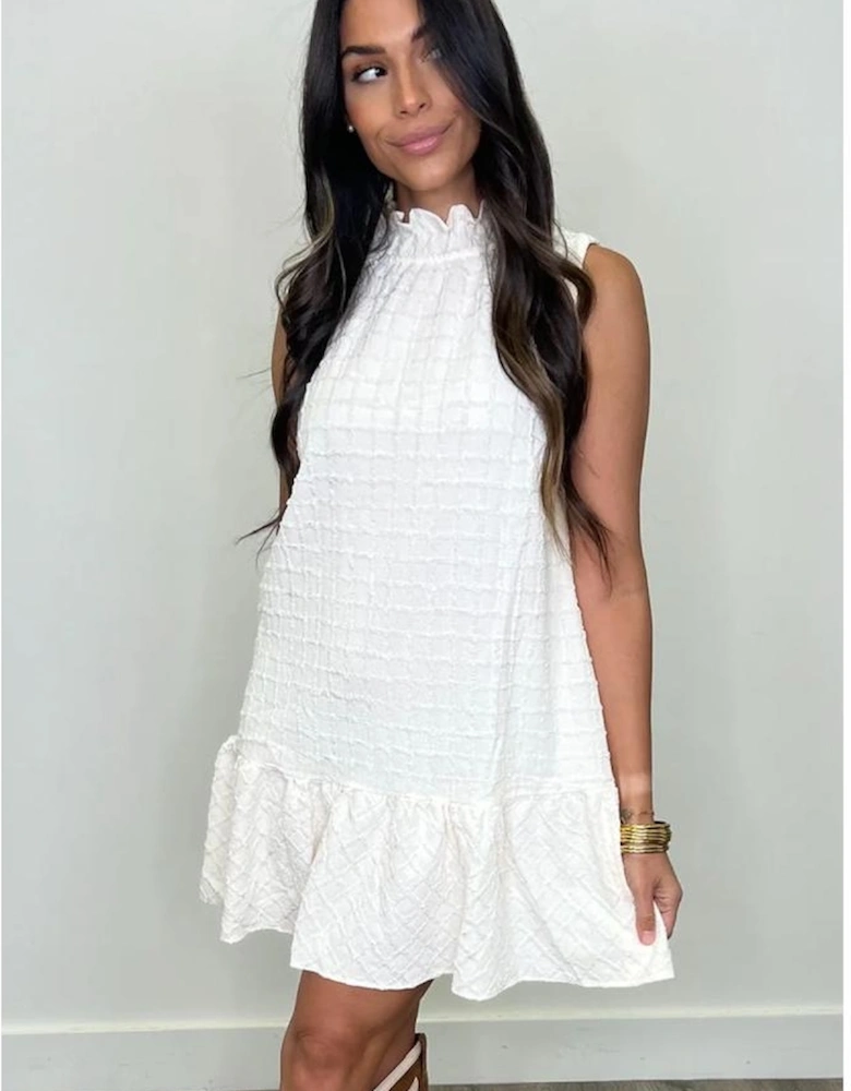 White Textured Frilled High Neck Sleeveless Ruffled Mini Dress