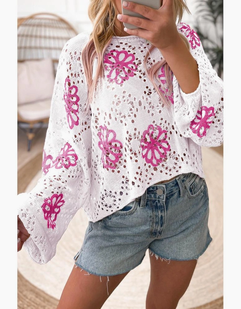 White Contrast Flower Print Eyelet Drop Shoulder Sweater