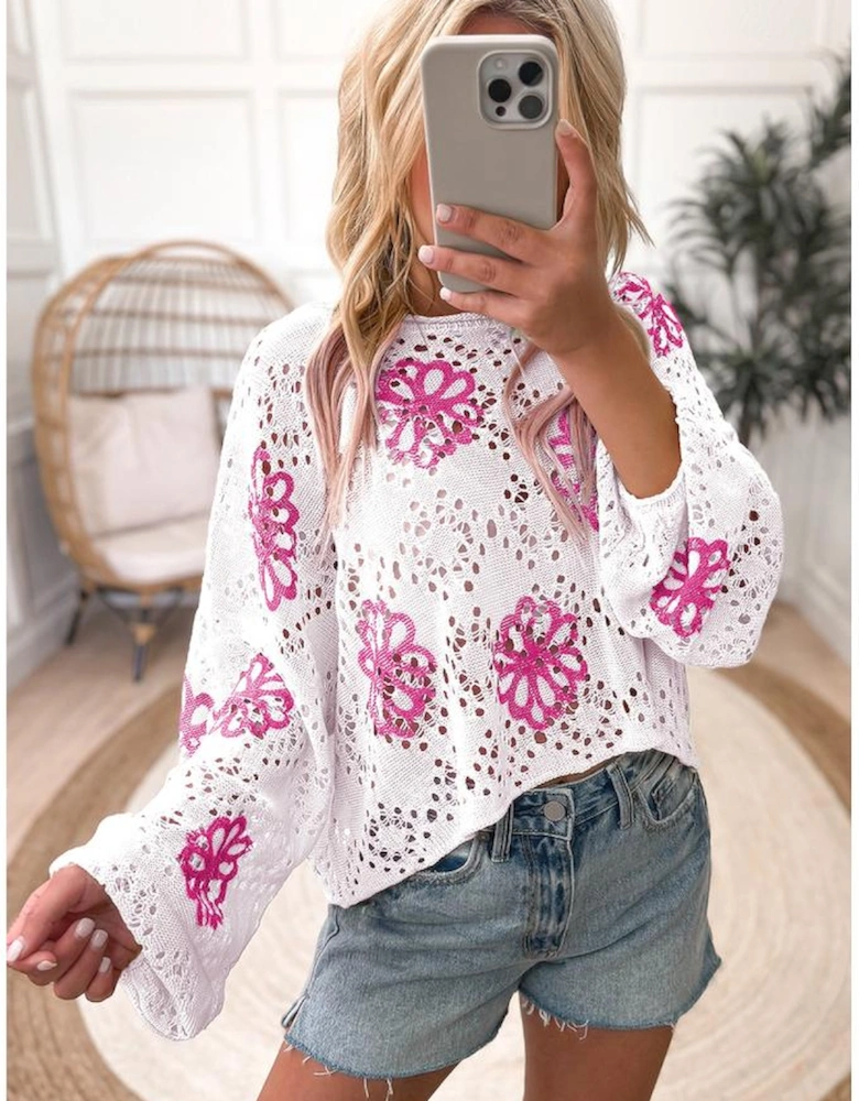 White Contrast Flower Print Eyelet Drop Shoulder Sweater