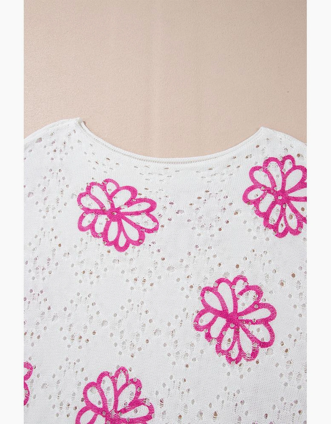 White Contrast Flower Print Eyelet Drop Shoulder Sweater