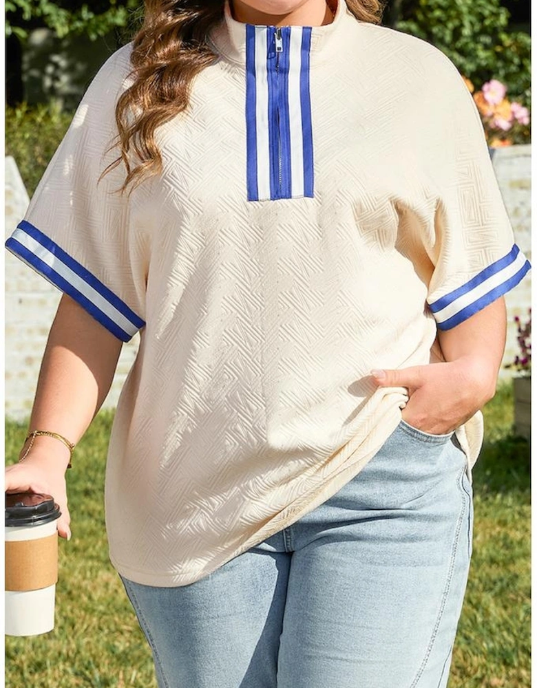 White Varsity Half Zip Textured Plus Size Top