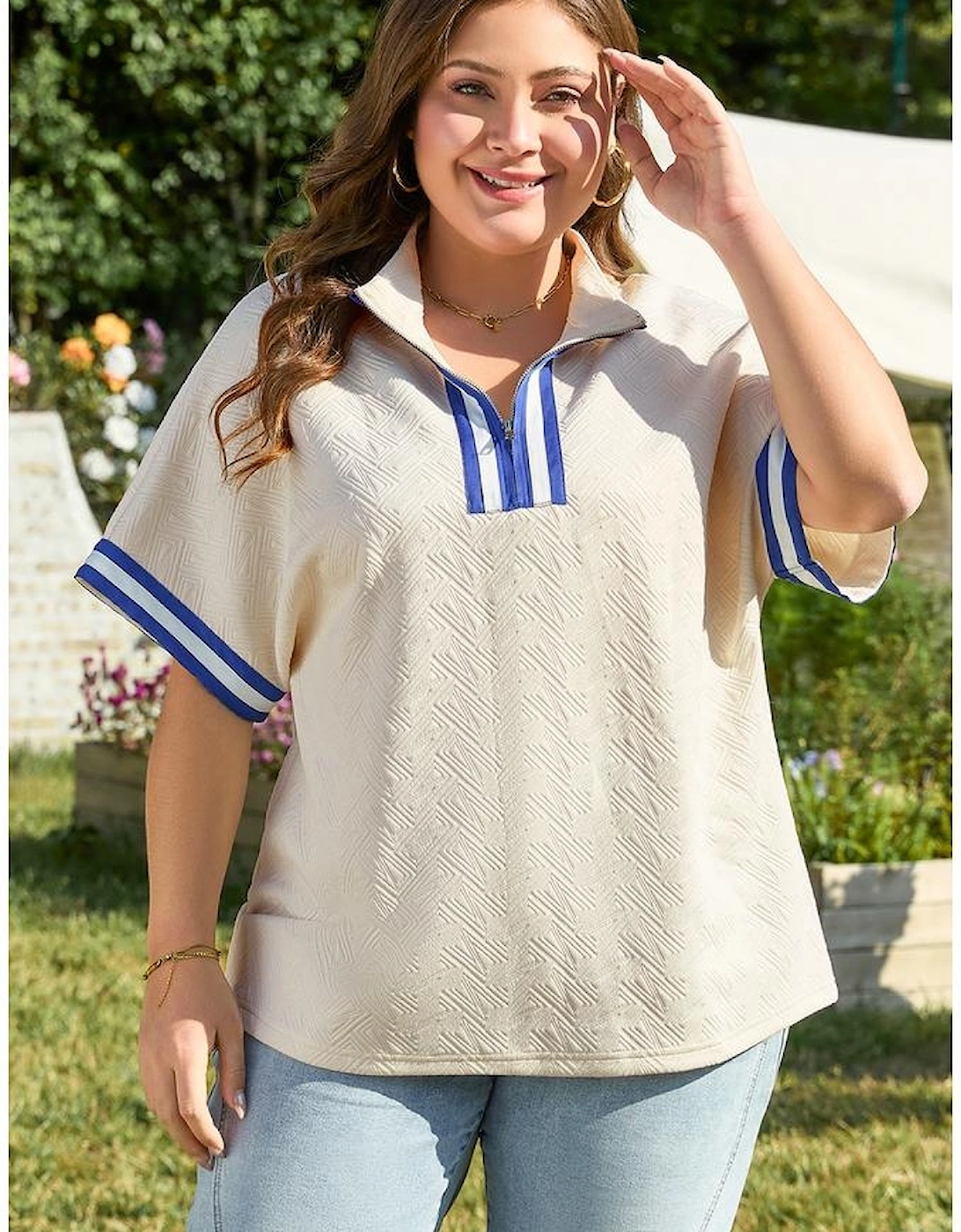 White Varsity Half Zip Textured Plus Size Top