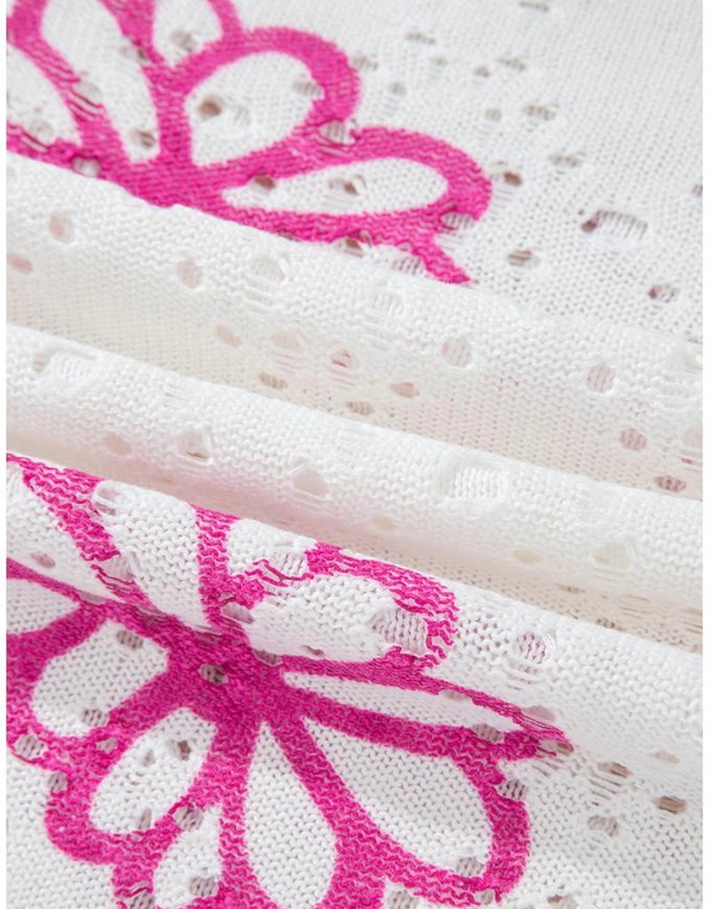 White Contrast Flower Print Eyelet Drop Shoulder Sweater