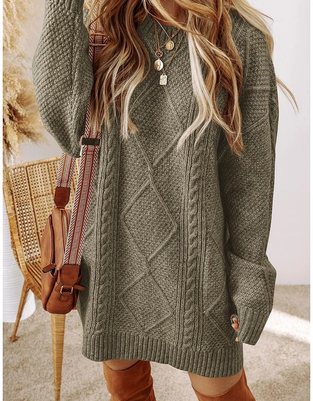 Mist Green Cable Knit Drop Shoulder Loose Fit Sweater Dress