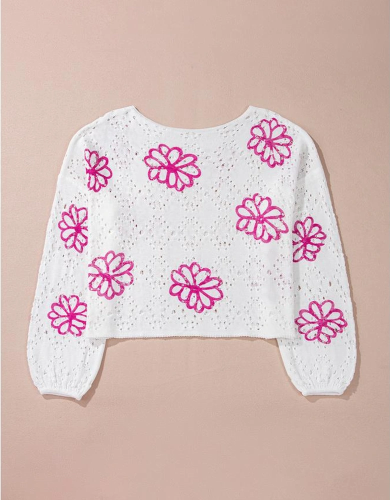 White Contrast Flower Print Eyelet Drop Shoulder Sweater