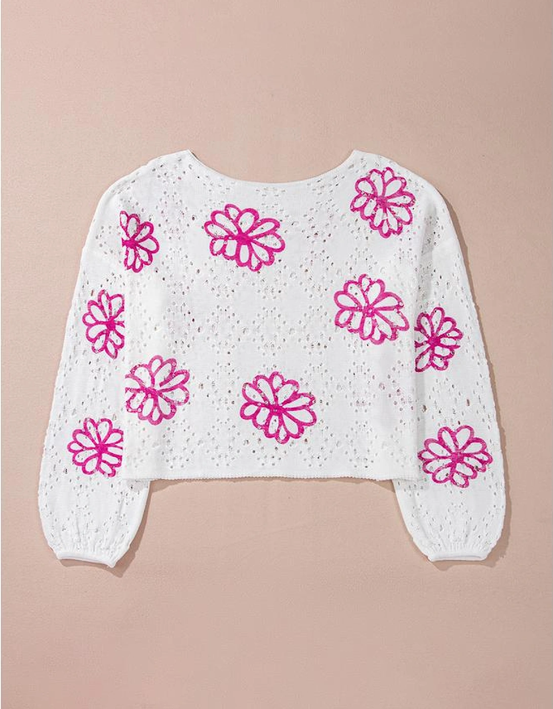 White Contrast Flower Print Eyelet Drop Shoulder Sweater
