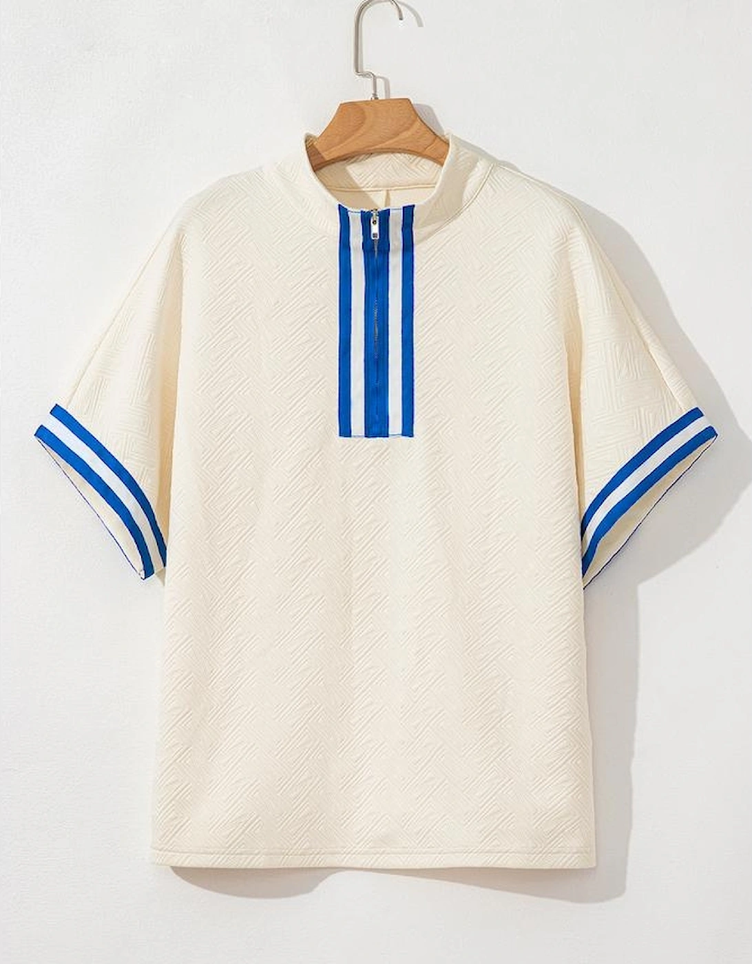 White Varsity Half Zip Textured Plus Size Top