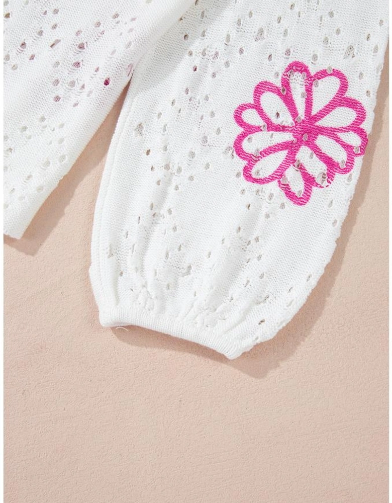 White Contrast Flower Print Eyelet Drop Shoulder Sweater