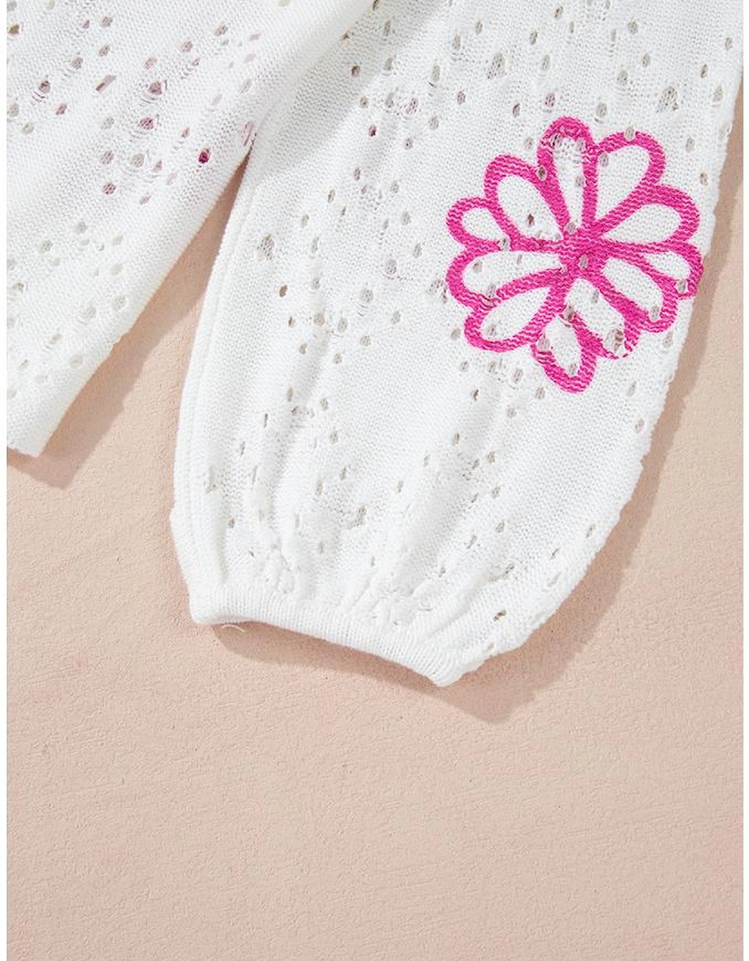 White Contrast Flower Print Eyelet Drop Shoulder Sweater