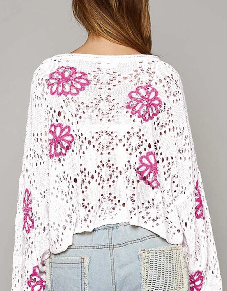 White Contrast Flower Print Eyelet Drop Shoulder Sweater