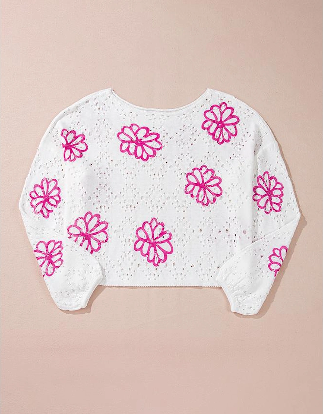White Contrast Flower Print Eyelet Drop Shoulder Sweater