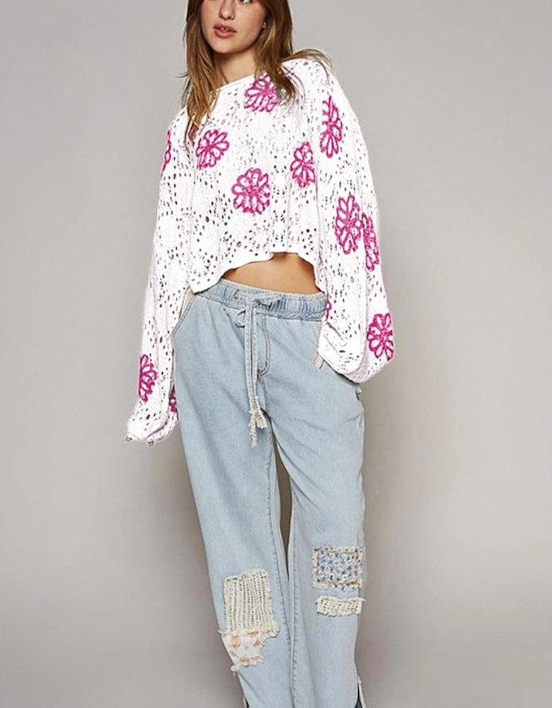 White Contrast Flower Print Eyelet Drop Shoulder Sweater