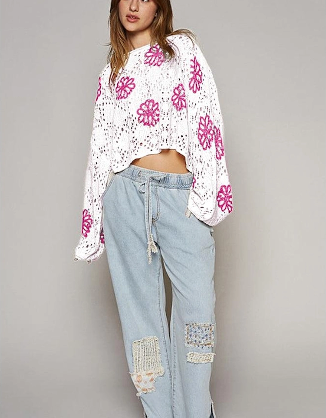 White Contrast Flower Print Eyelet Drop Shoulder Sweater