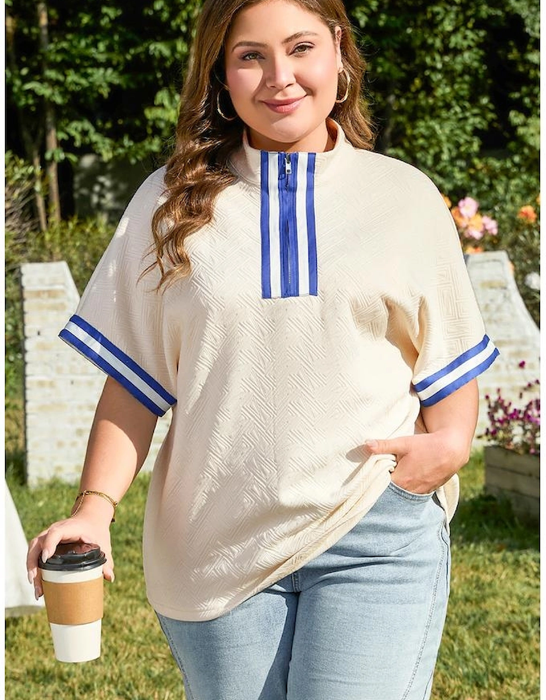 White Varsity Half Zip Textured Plus Size Top