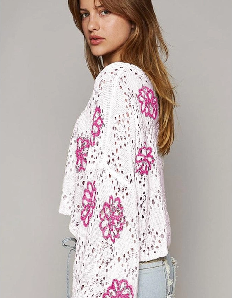 White Contrast Flower Print Eyelet Drop Shoulder Sweater