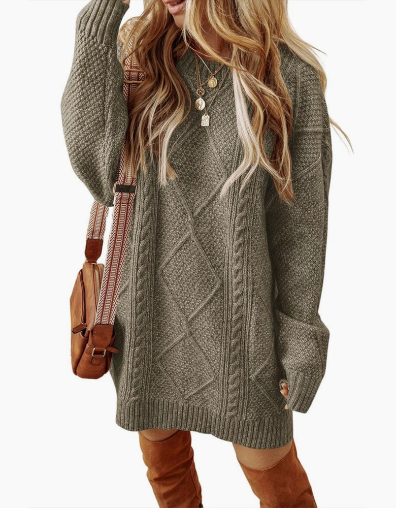 Mist Green Cable Knit Drop Shoulder Loose Fit Sweater Dress