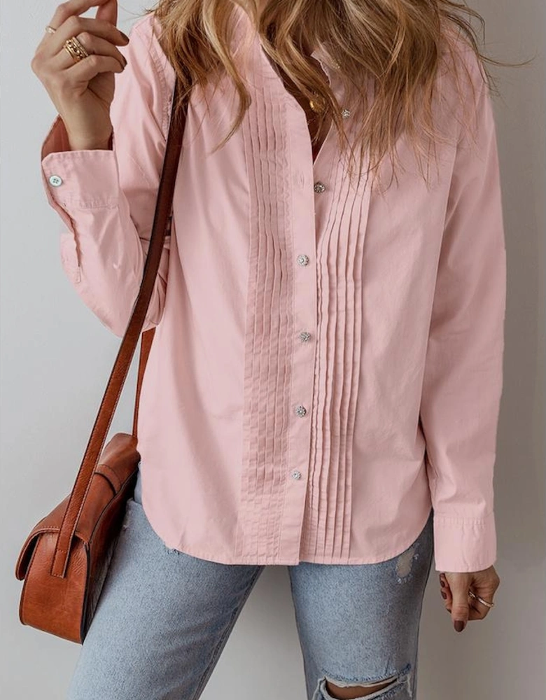 Light Pink Pleated Button-Up Loose Fit Casual Shirt