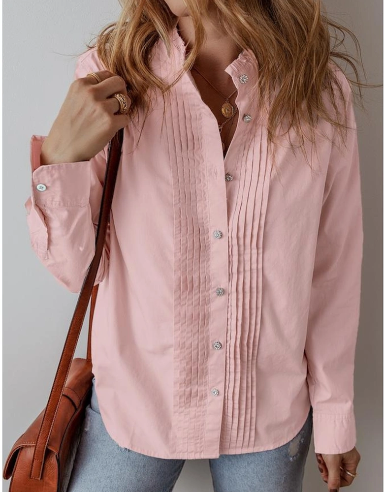 Light Pink Pleated Button-Up Loose Fit Casual Shirt