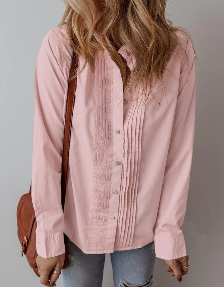 Light Pink Pleated Button-Up Loose Fit Casual Shirt