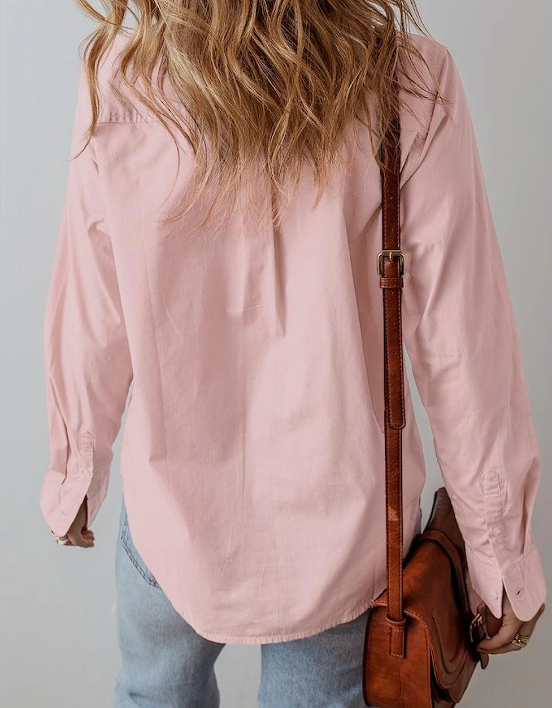 Light Pink Pleated Button-Up Loose Fit Casual Shirt