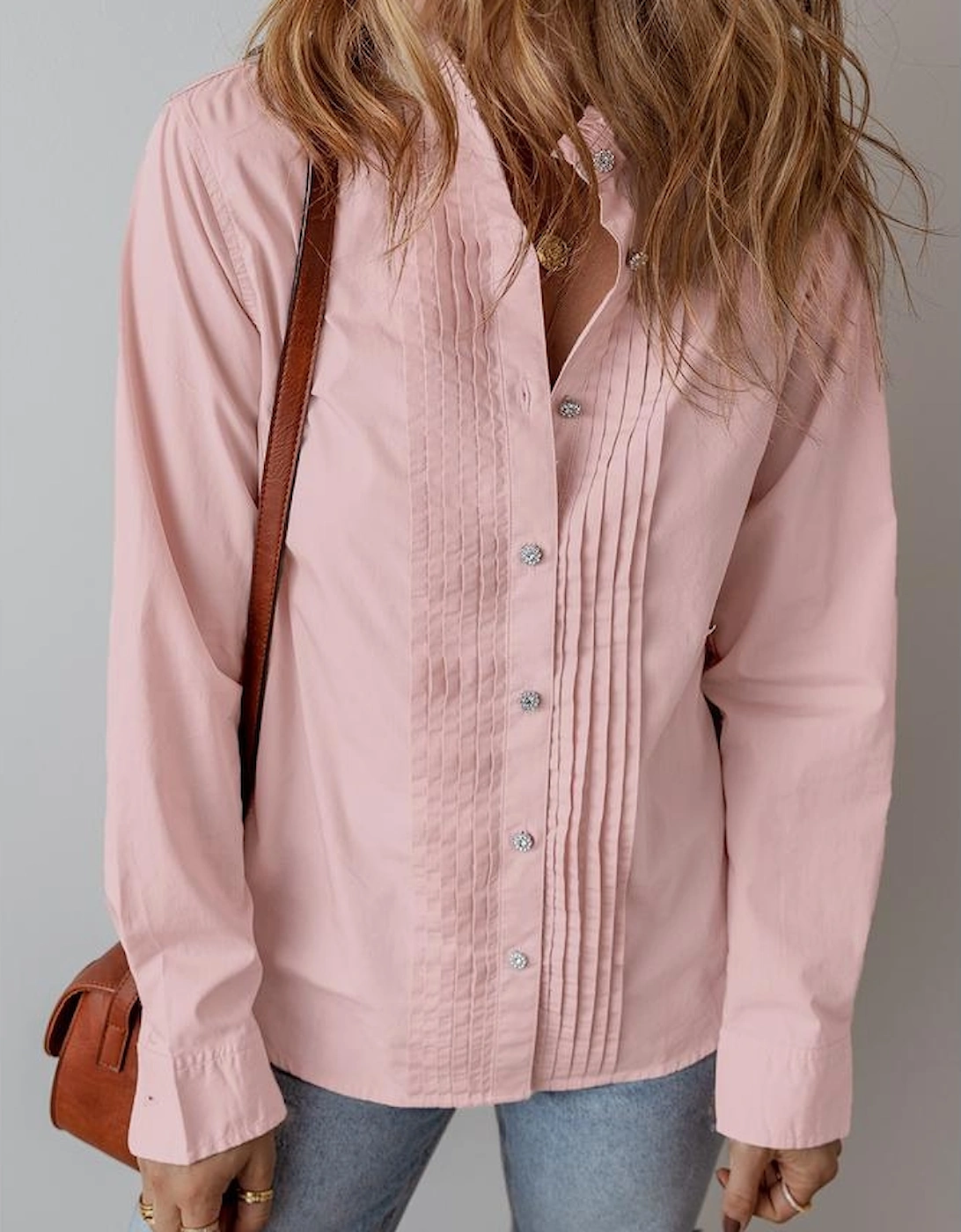 Light Pink Pleated Button-Up Loose Fit Casual Shirt