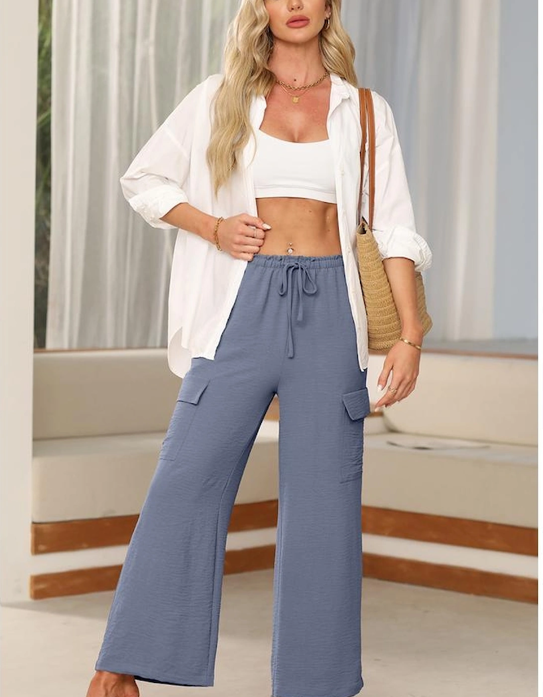 Dark Grey Drawstring Frilled Waist Wide Leg Utility Trousers