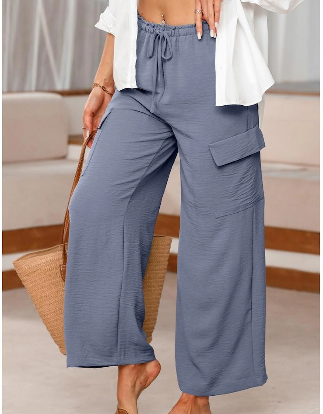 Dark Grey Drawstring Frilled Waist Wide Leg Utility Trousers