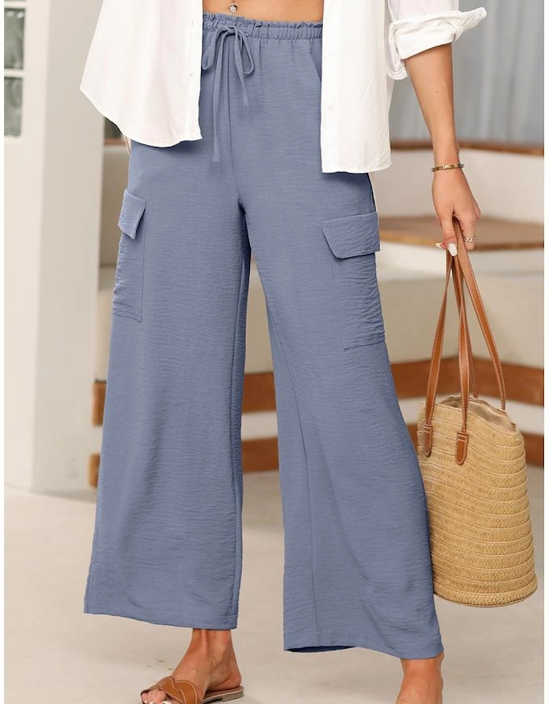 Dark Grey Drawstring Frilled Waist Wide Leg Utility Trousers