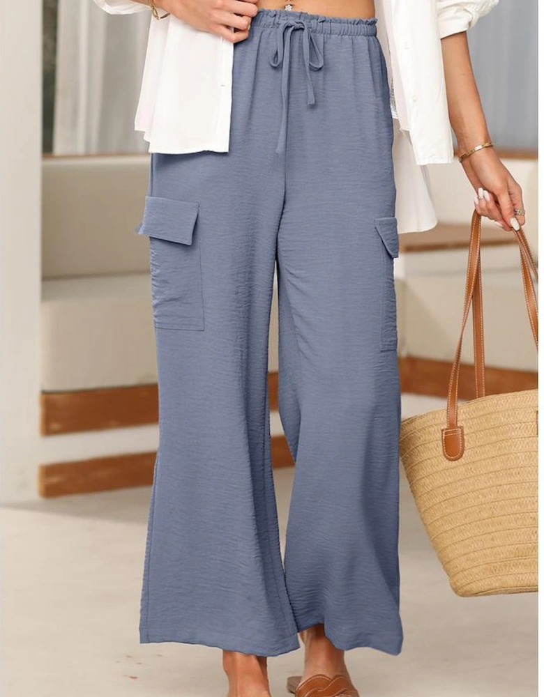 Dark Grey Drawstring Frilled Waist Wide Leg Utility Trousers