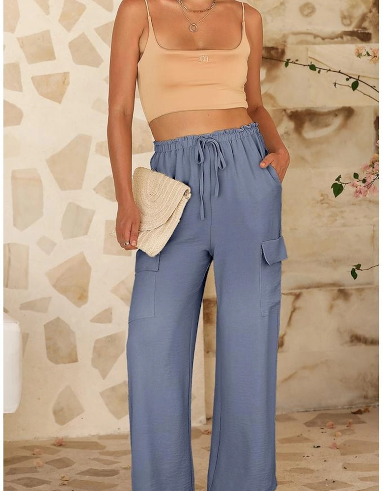 Dark Grey Drawstring Frilled Waist Wide Leg Utility Trousers