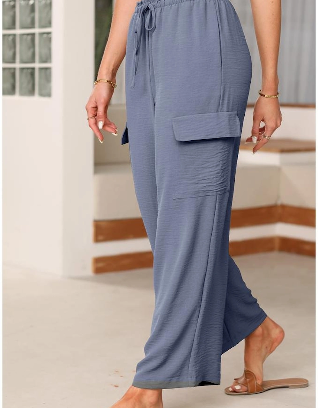 Dark Grey Drawstring Frilled Waist Wide Leg Utility Trousers