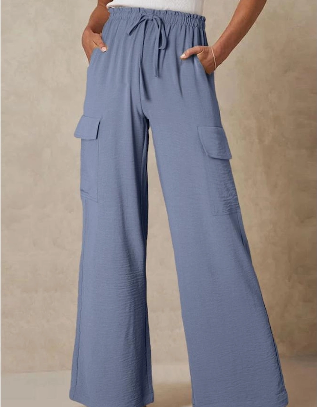 Dark Grey Drawstring Frilled Waist Wide Leg Utility Trousers