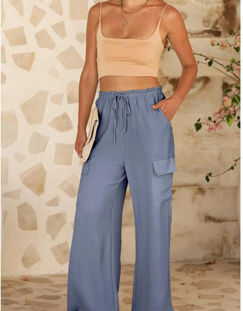 Dark Grey Drawstring Frilled Waist Wide Leg Utility Trousers