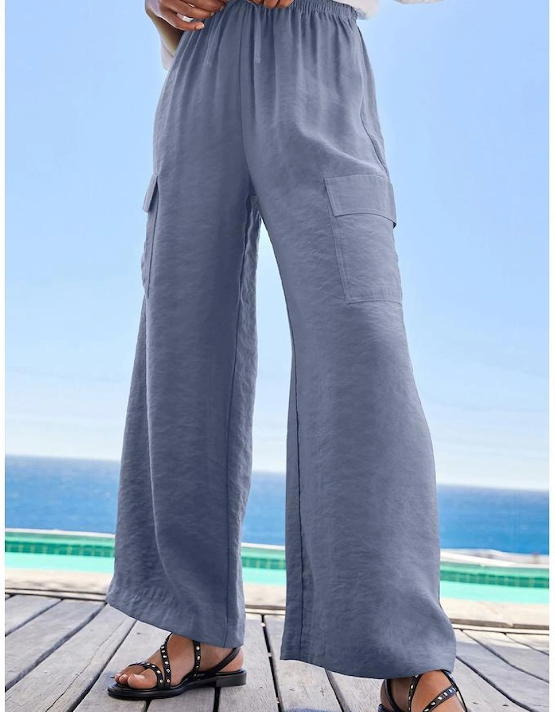 Dark Grey Drawstring Frilled Waist Wide Leg Utility Trousers