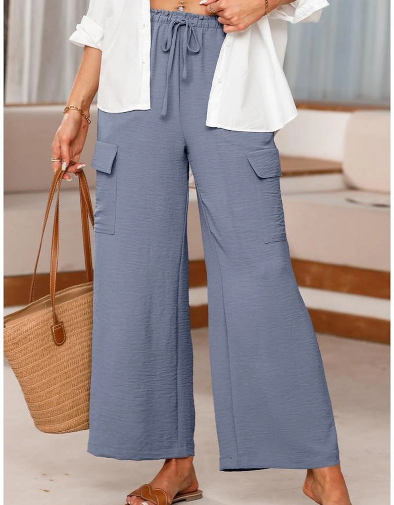 Dark Grey Drawstring Frilled Waist Wide Leg Utility Trousers