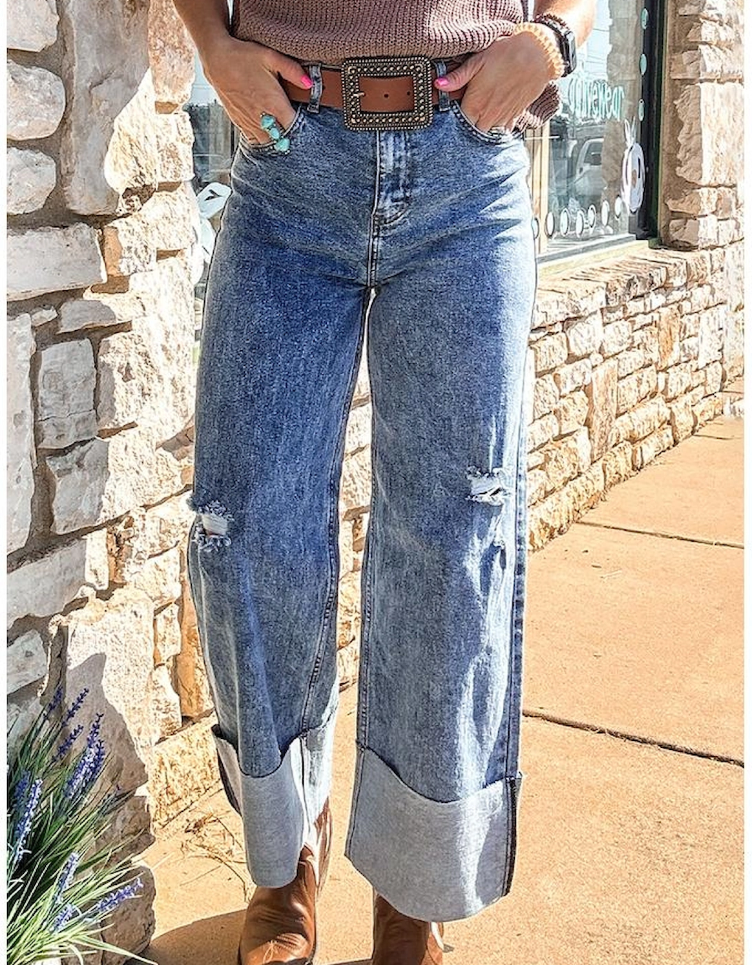 Ashleigh Blue Mineral Wash Bottom Cuff Distressed Wide Leg Jeans